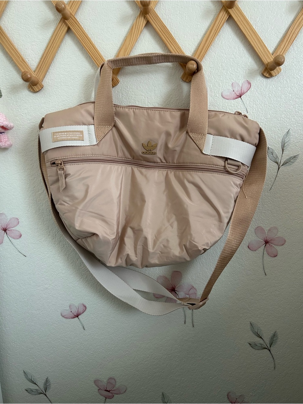 adidas Beige Nylon Shoulder Tote with White Accent